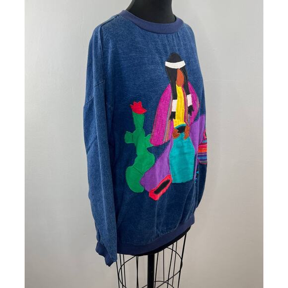 Unique Alfredo's Wife Native American Embroidered Applique Blue Crew Pullover XL - Picture 3 of 7